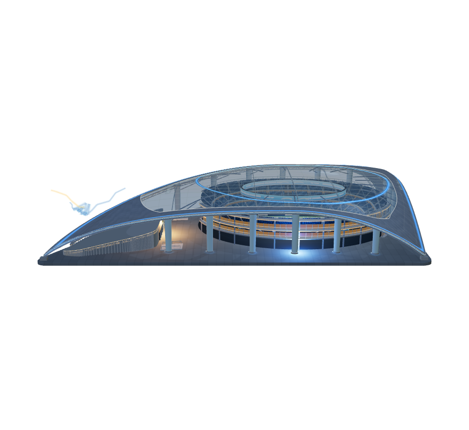 SoFi Stadium at night, with a cyan roof outline and warm illuminated entrances.