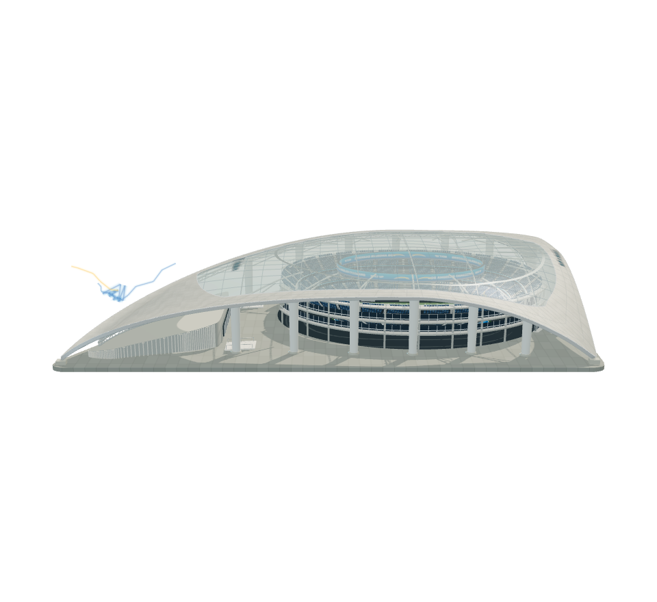 SoFi Stadium's sweeping silver roof with a delicate branching lightning arc.